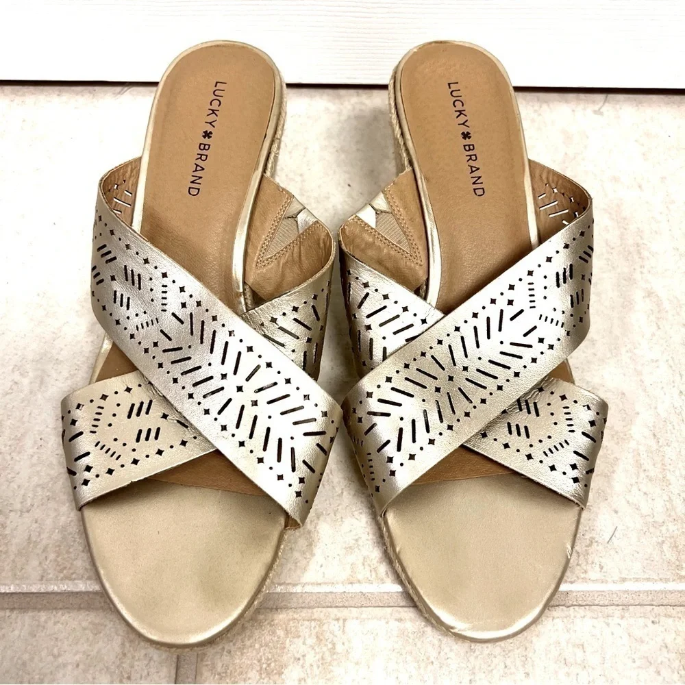 Lucky Brand KEELA Women’s Gold Leather Espadrille Wedge Sandals - Size 12M Boho